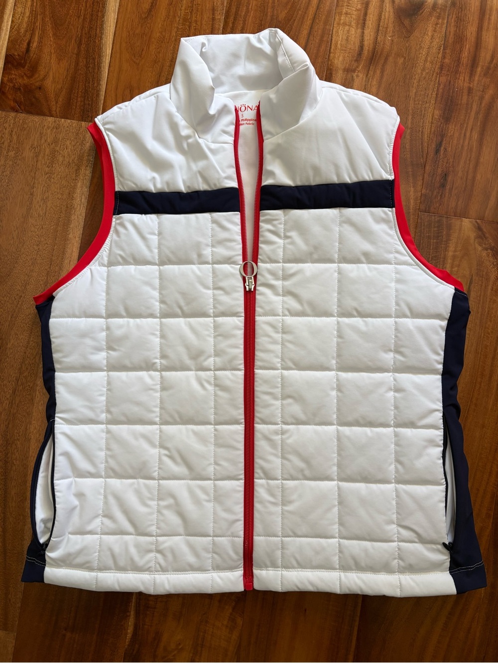 Kinona Quilted Puffer Vest - White with Navy & Red Trim